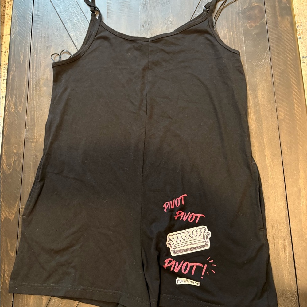 Vintage - Black Romper with "Friend's" Couch on lower left leg